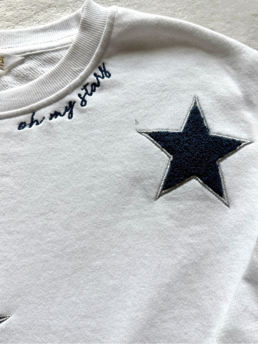Shiraleah White Sweatshirt with Navy/Silver Metallic Star Appliqués - Picture 2 of 3